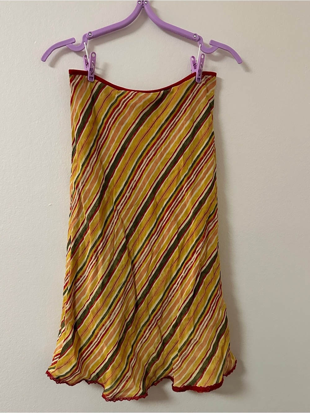 Yellow + red striped midi skirt